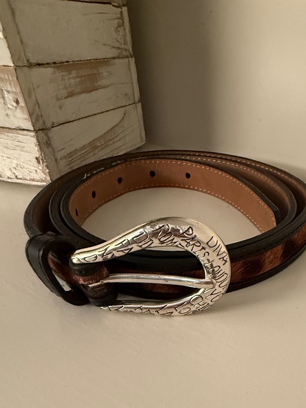 Brighton Leopard Haircalf Leather Belt Silver Engraved Buckle Size Large